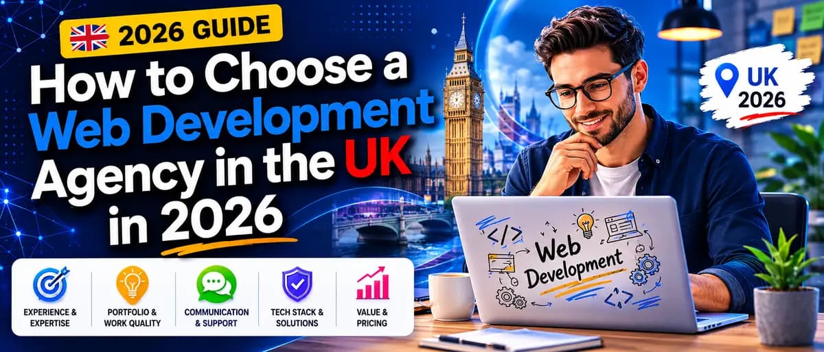 A 2026 guide graphic helping UK businesses choose the right web development agency, showing a checklist of key factors including portfolio, experience, process, and support from Inflix St Helens. How to Choose a Web Development Agency in the UK in 2026 - Guide by Inflix